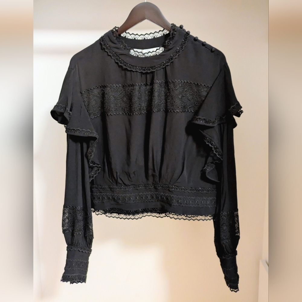 IRO Claw Guioure lace trimmed ruffle crepe black long sleeve blouse size US 8